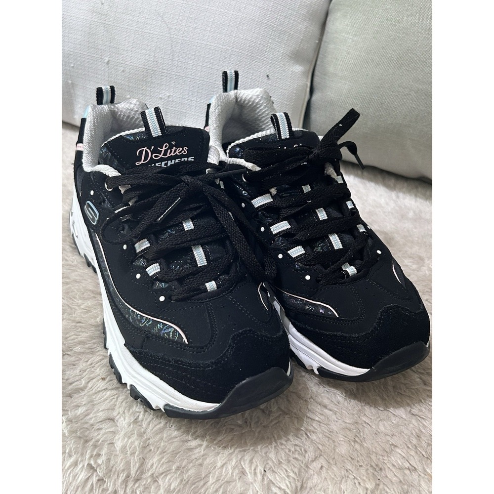 Skechers D Lites Lace Up Comfort Shoes Sneakers Women Size 8 Black Pink White - Picture 2 of 11